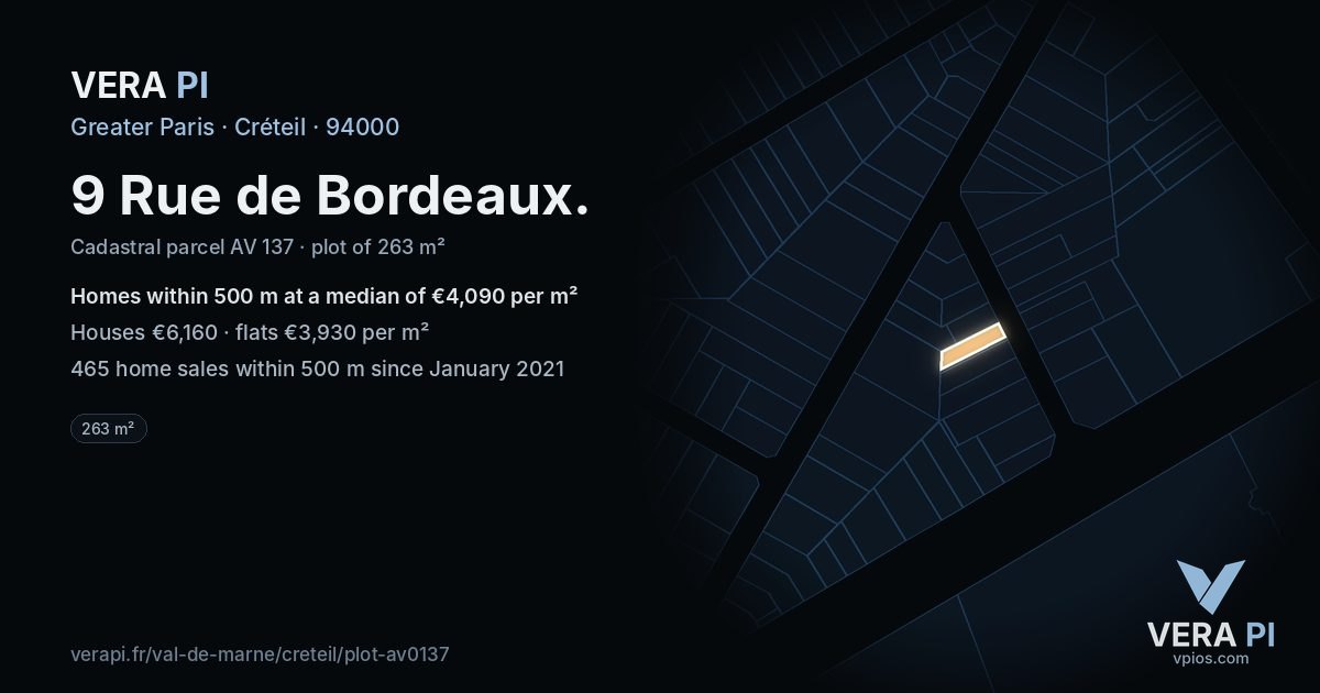 9 Rue de Bordeaux, Créteil at night – the plot lit, the parcels around coloured by the prices near them