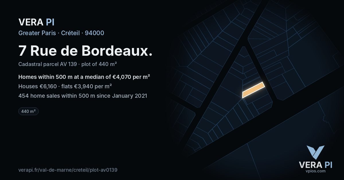 7 Rue de Bordeaux, Créteil at night – the plot lit, the parcels around coloured by the prices near them