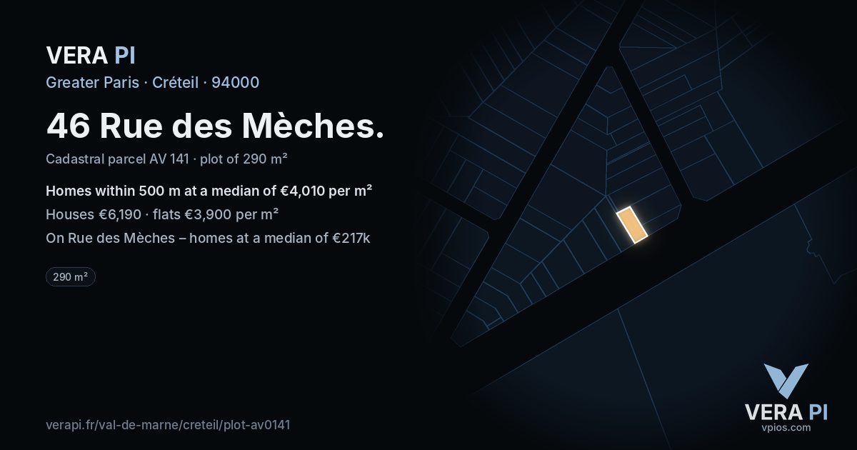 46 Rue des Mèches, Créteil at night – the plot lit, the parcels around coloured by the prices near them