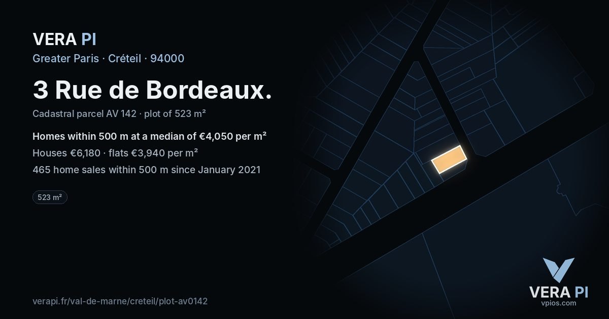 3 Rue de Bordeaux, Créteil at night – the plot lit, the parcels around coloured by the prices near them