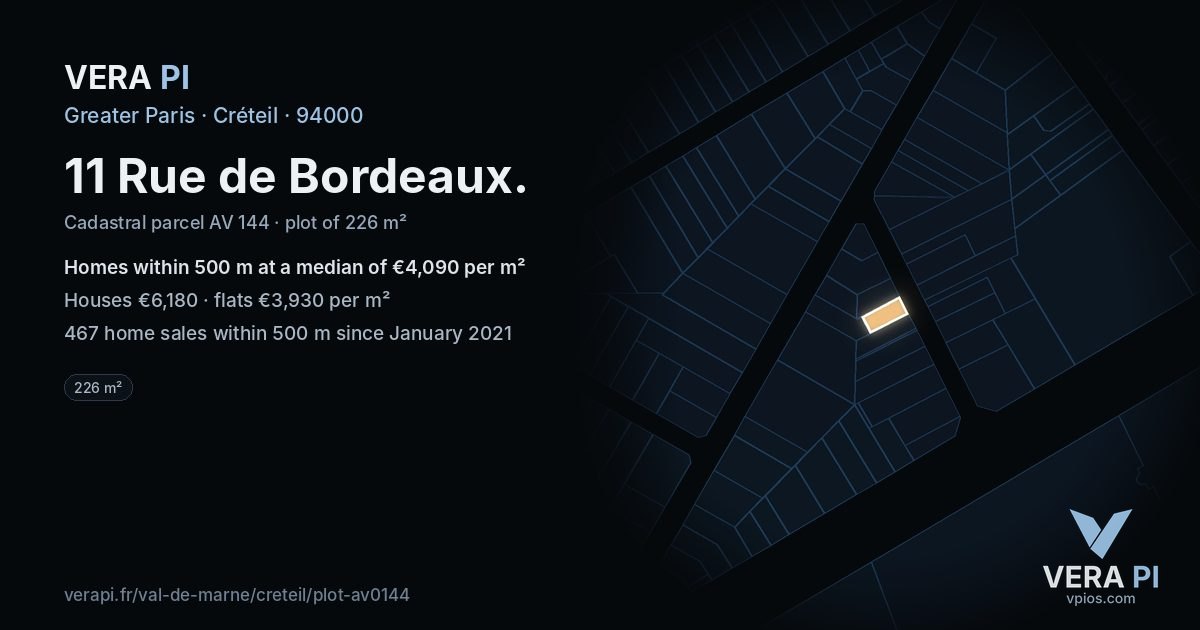 11 Rue de Bordeaux, Créteil at night – the plot lit, the parcels around coloured by the prices near them