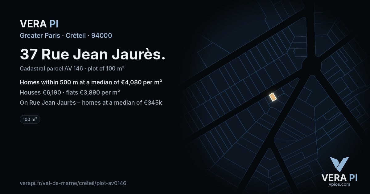 37 Rue Jean Jaurès, Créteil at night – the plot lit, the parcels around coloured by the prices near them
