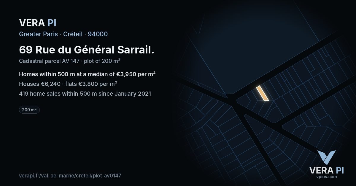 69 Rue du Général Sarrail, Créteil at night – the plot lit, the parcels around coloured by the prices near them