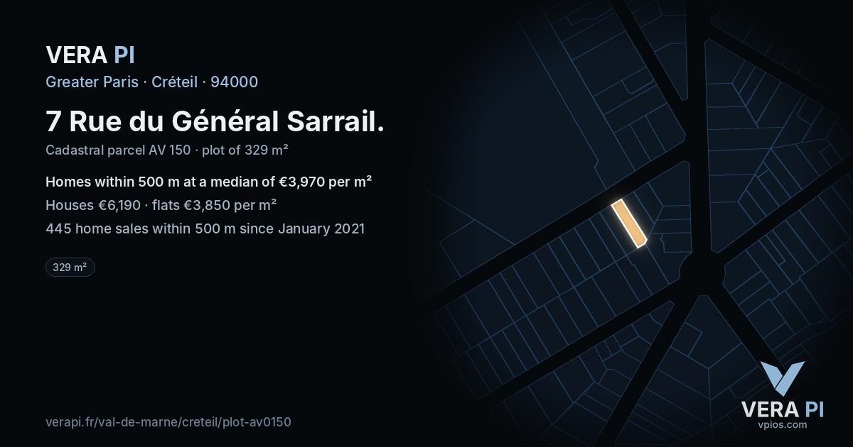 7 Rue du Général Sarrail, Créteil at night – the plot lit, the parcels around coloured by the prices near them