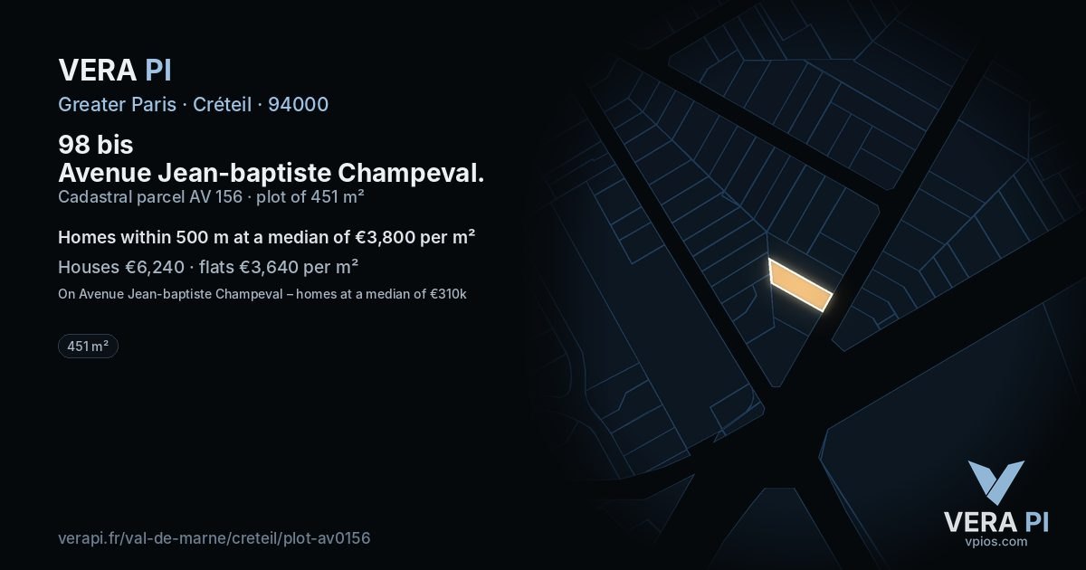 98 bis Avenue Jean-baptiste Champeval, Créteil at night – the plot lit, the parcels around coloured by the prices near them
