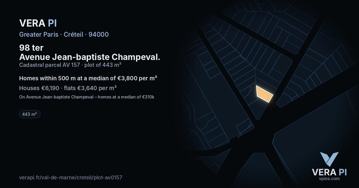 98 ter Avenue Jean-baptiste Champeval, Créteil at night – the plot lit, the parcels around coloured by the prices near them