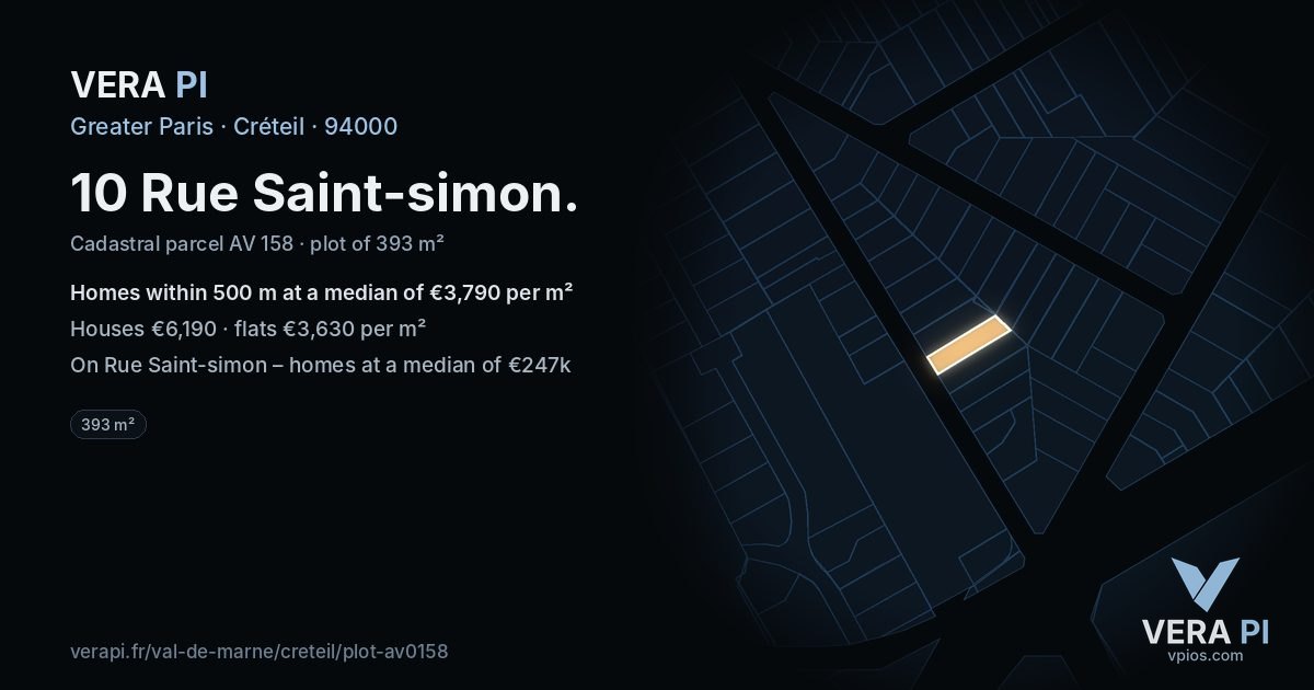 10 Rue Saint-simon, Créteil at night – the plot lit, the parcels around coloured by the prices near them