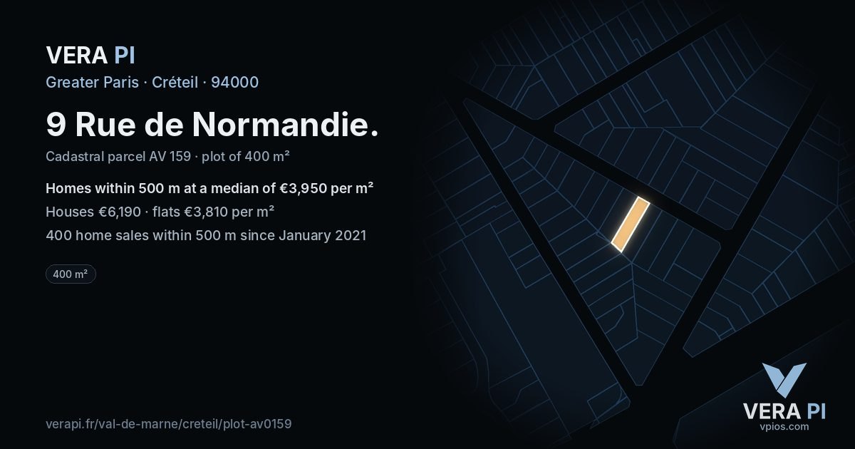 9 Rue de Normandie, Créteil at night – the plot lit, the parcels around coloured by the prices near them