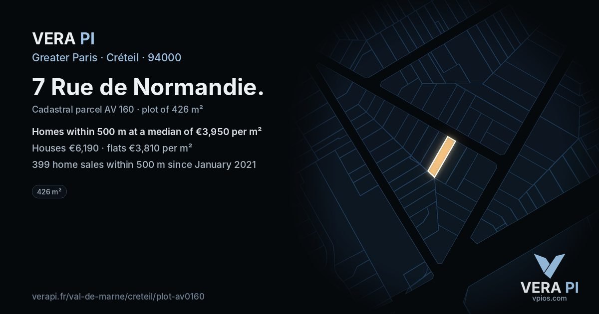 7 Rue de Normandie, Créteil at night – the plot lit, the parcels around coloured by the prices near them