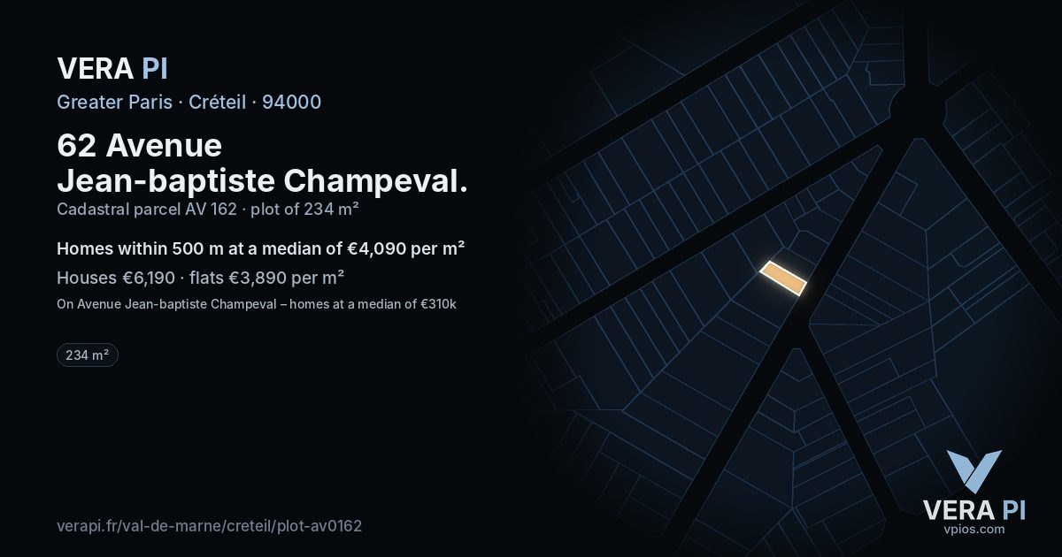 62 Avenue Jean-baptiste Champeval, Créteil at night – the plot lit, the parcels around coloured by the prices near them