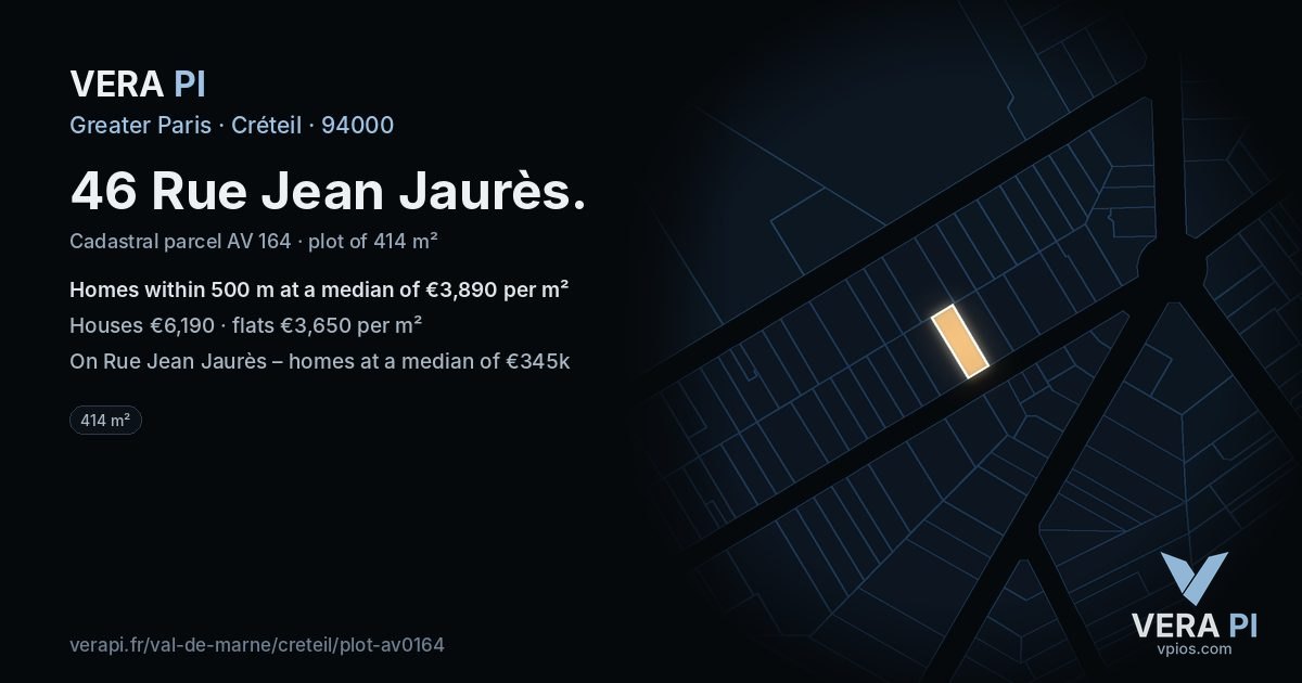46 Rue Jean Jaurès, Créteil at night – the plot lit, the parcels around coloured by the prices near them