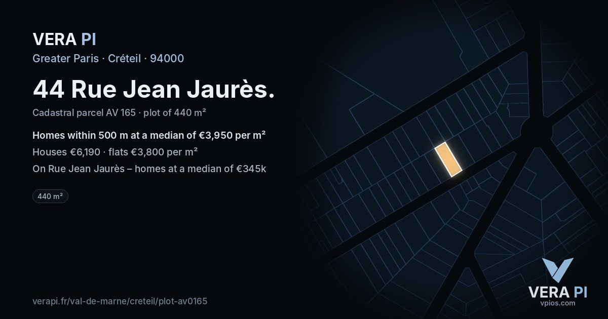 44 Rue Jean Jaurès, Créteil at night – the plot lit, the parcels around coloured by the prices near them