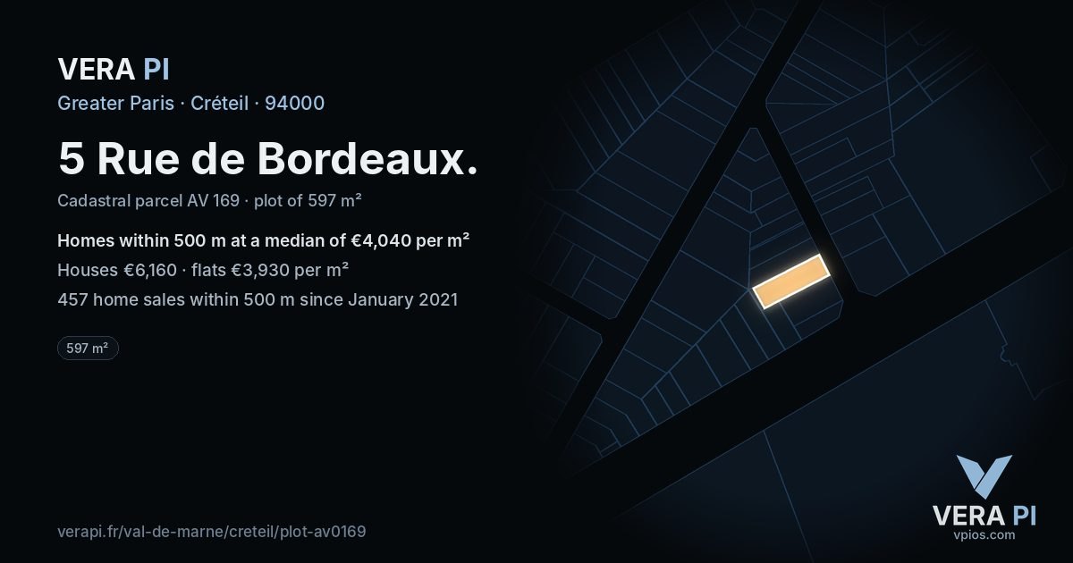 5 Rue de Bordeaux, Créteil at night – the plot lit, the parcels around coloured by the prices near them