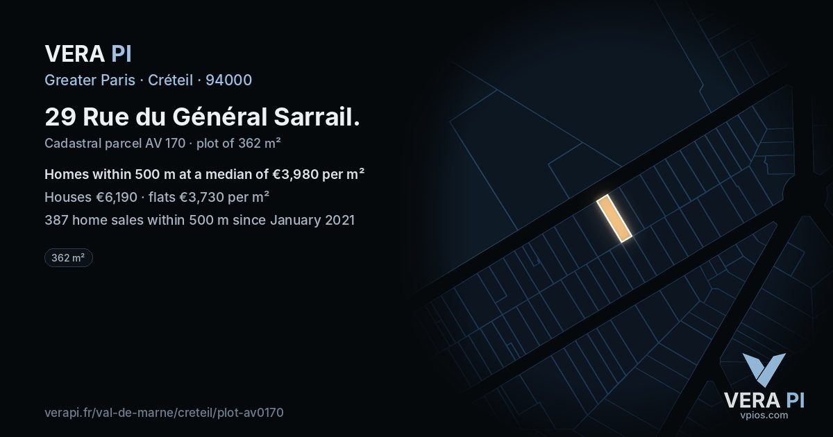 29 Rue du Général Sarrail, Créteil at night – the plot lit, the parcels around coloured by the prices near them