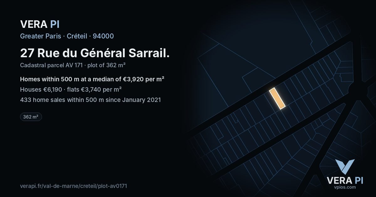 27 Rue du Général Sarrail, Créteil at night – the plot lit, the parcels around coloured by the prices near them