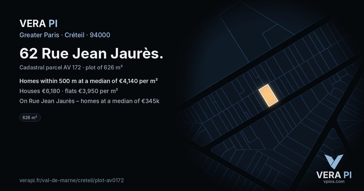 62 Rue Jean Jaurès, Créteil at night – the plot lit, the parcels around coloured by the prices near them