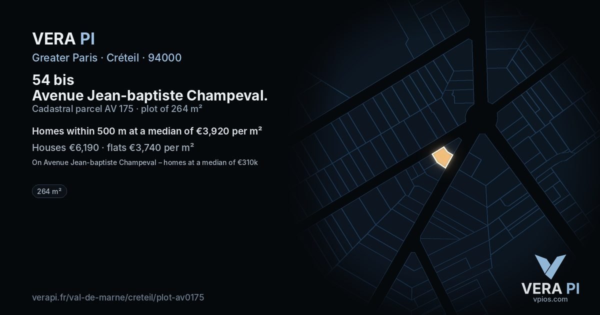 54 bis Avenue Jean-baptiste Champeval, Créteil at night – the plot lit, the parcels around coloured by the prices near them