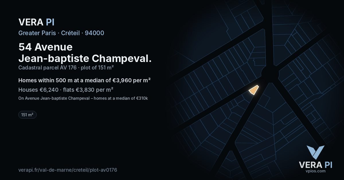 54 Avenue Jean-baptiste Champeval, Créteil at night – the plot lit, the parcels around coloured by the prices near them