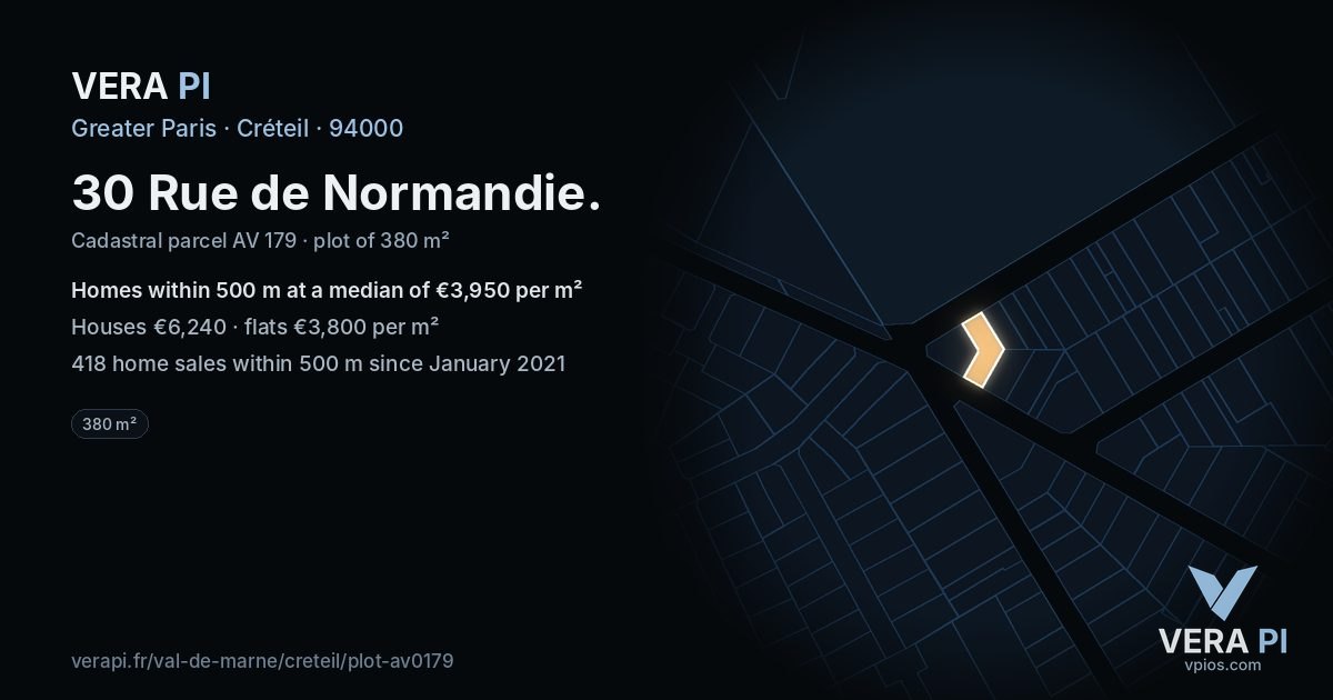 30 Rue de Normandie, Créteil at night – the plot lit, the parcels around coloured by the prices near them