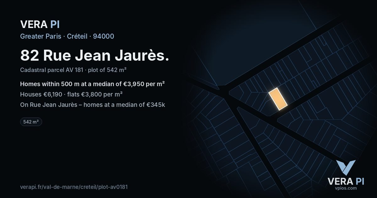 82 Rue Jean Jaurès, Créteil at night – the plot lit, the parcels around coloured by the prices near them