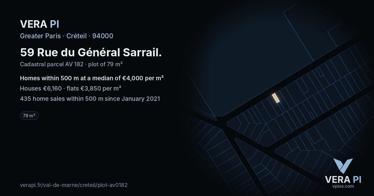 59 Rue du Général Sarrail, Créteil at night – the plot lit, the parcels around coloured by the prices near them