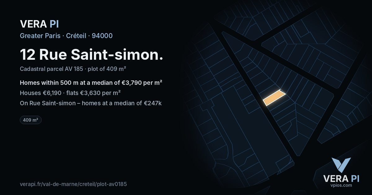 12 Rue Saint-simon, Créteil at night – the plot lit, the parcels around coloured by the prices near them