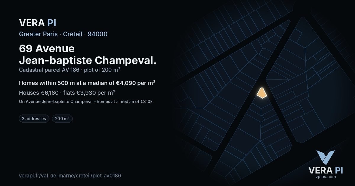 69 Avenue Jean-baptiste Champeval, Créteil at night – the plot lit, the parcels around coloured by the prices near them