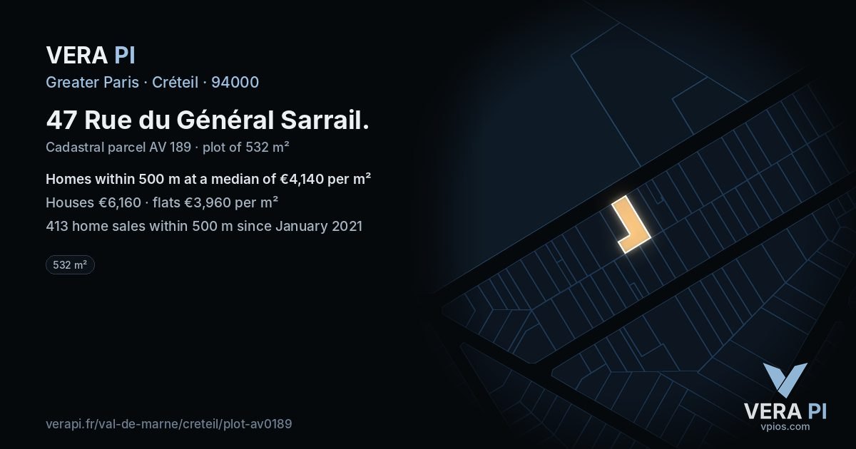 47 Rue du Général Sarrail, Créteil at night – the plot lit, the parcels around coloured by the prices near them