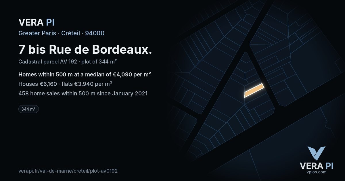 7 bis Rue de Bordeaux, Créteil at night – the plot lit, the parcels around coloured by the prices near them
