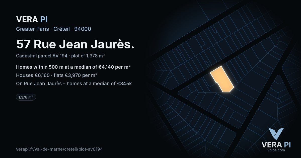 57 Rue Jean Jaurès, Créteil at night – the plot lit, the parcels around coloured by the prices near them