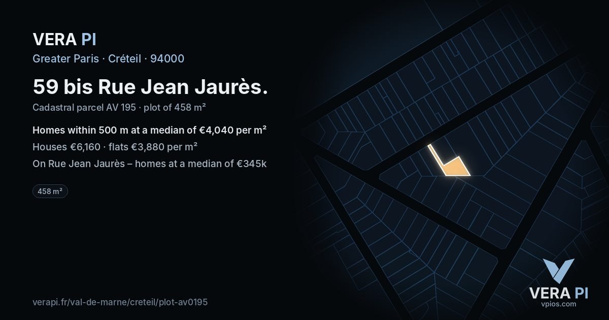 59 bis Rue Jean Jaurès, Créteil at night – the plot lit, the parcels around coloured by the prices near them