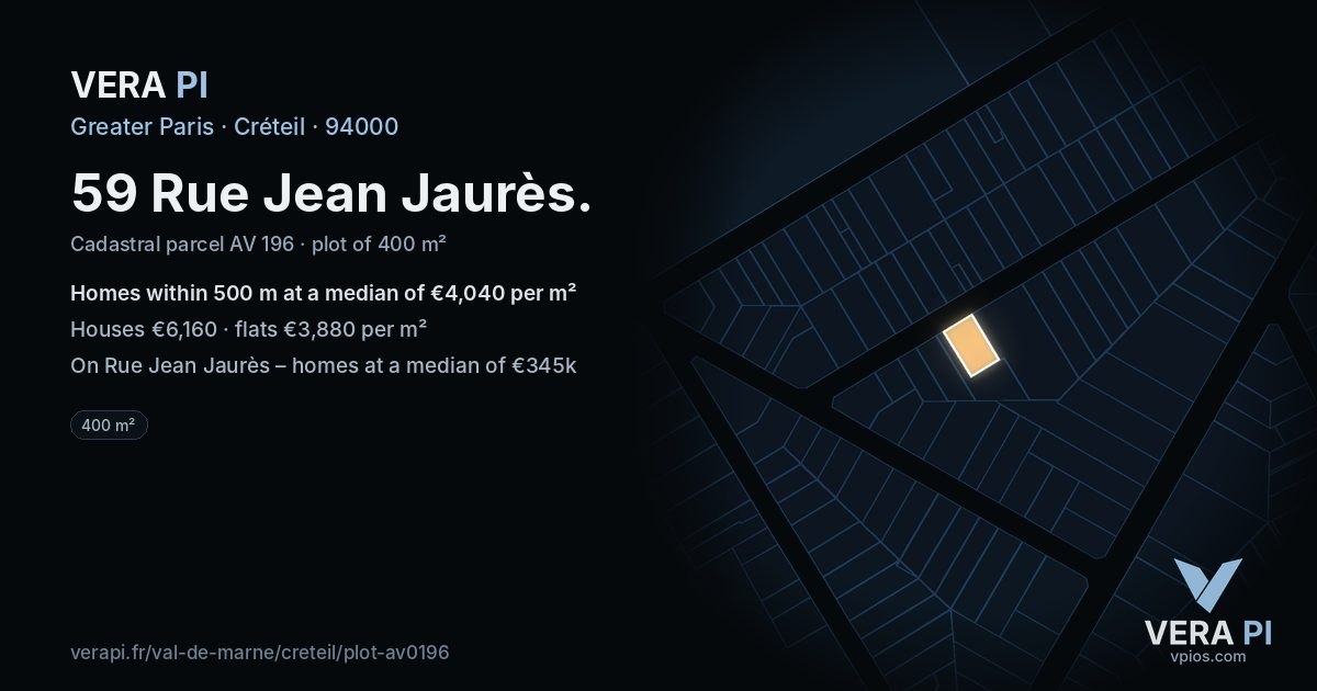 59 Rue Jean Jaurès, Créteil at night – the plot lit, the parcels around coloured by the prices near them