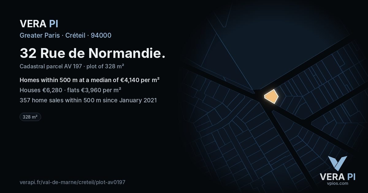 32 Rue de Normandie, Créteil at night – the plot lit, the parcels around coloured by the prices near them