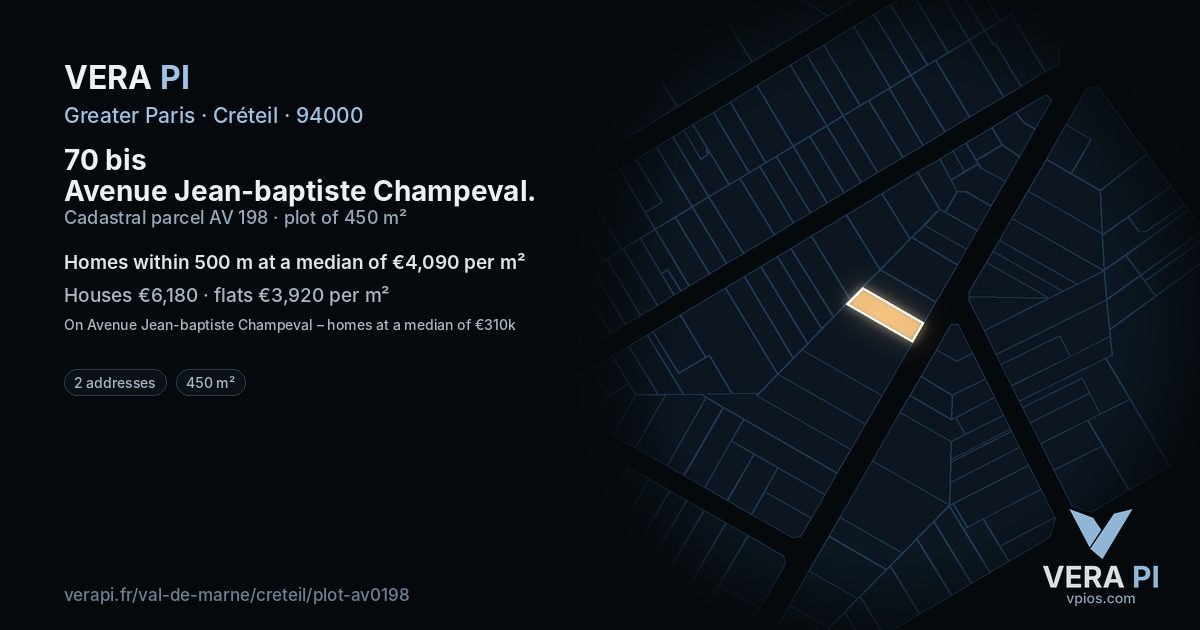70 bis Avenue Jean-baptiste Champeval, Créteil at night – the plot lit, the parcels around coloured by the prices near them