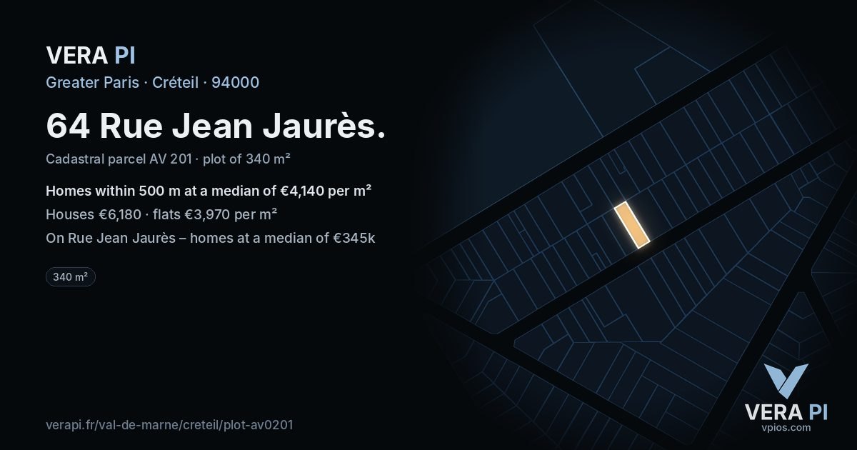 64 Rue Jean Jaurès, Créteil at night – the plot lit, the parcels around coloured by the prices near them