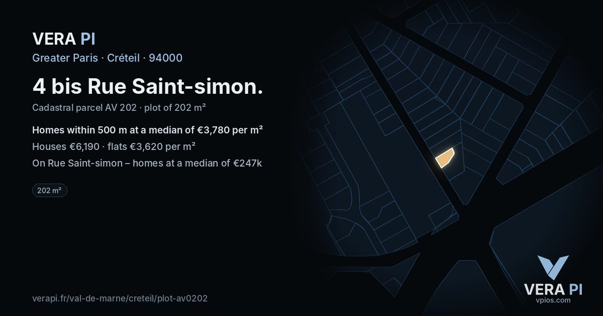 4 bis Rue Saint-simon, Créteil at night – the plot lit, the parcels around coloured by the prices near them
