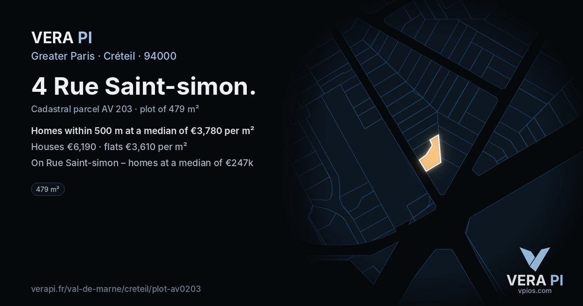4 Rue Saint-simon, Créteil at night – the plot lit, the parcels around coloured by the prices near them