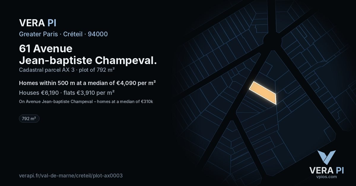 61 Avenue Jean-baptiste Champeval, Créteil at night – the plot lit, the parcels around coloured by the prices near them