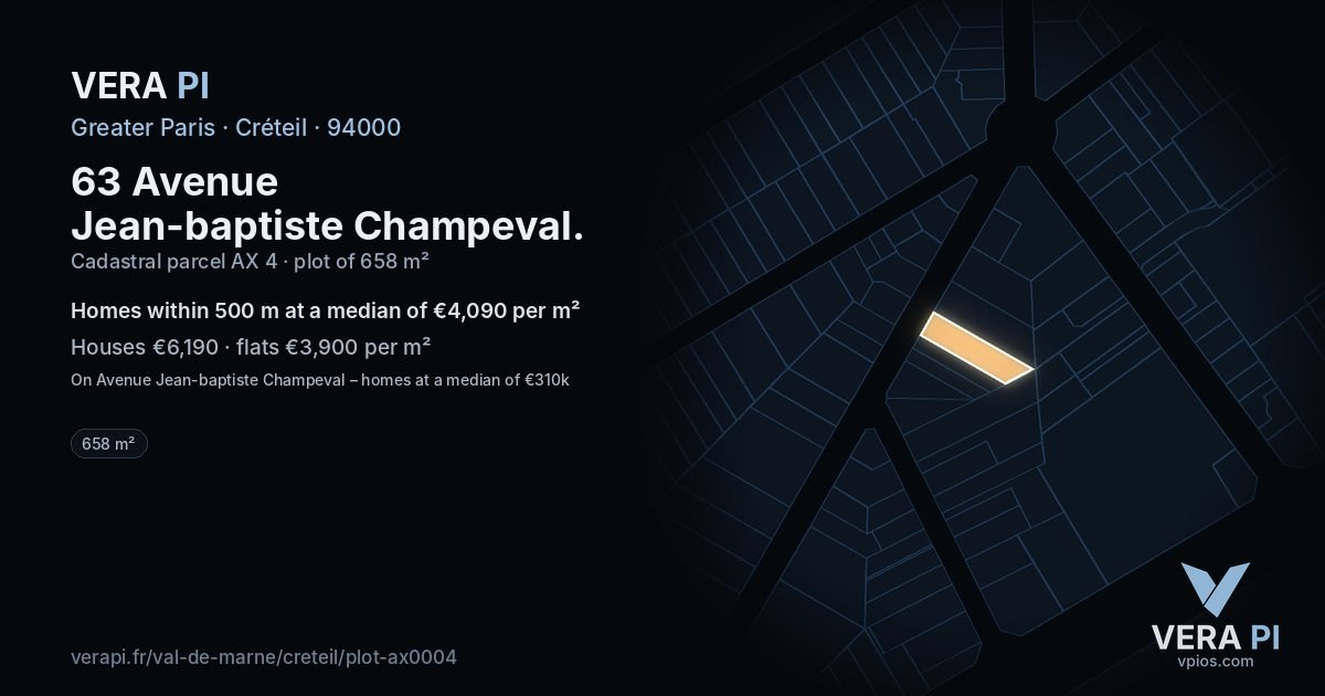 63 Avenue Jean-baptiste Champeval, Créteil at night – the plot lit, the parcels around coloured by the prices near them