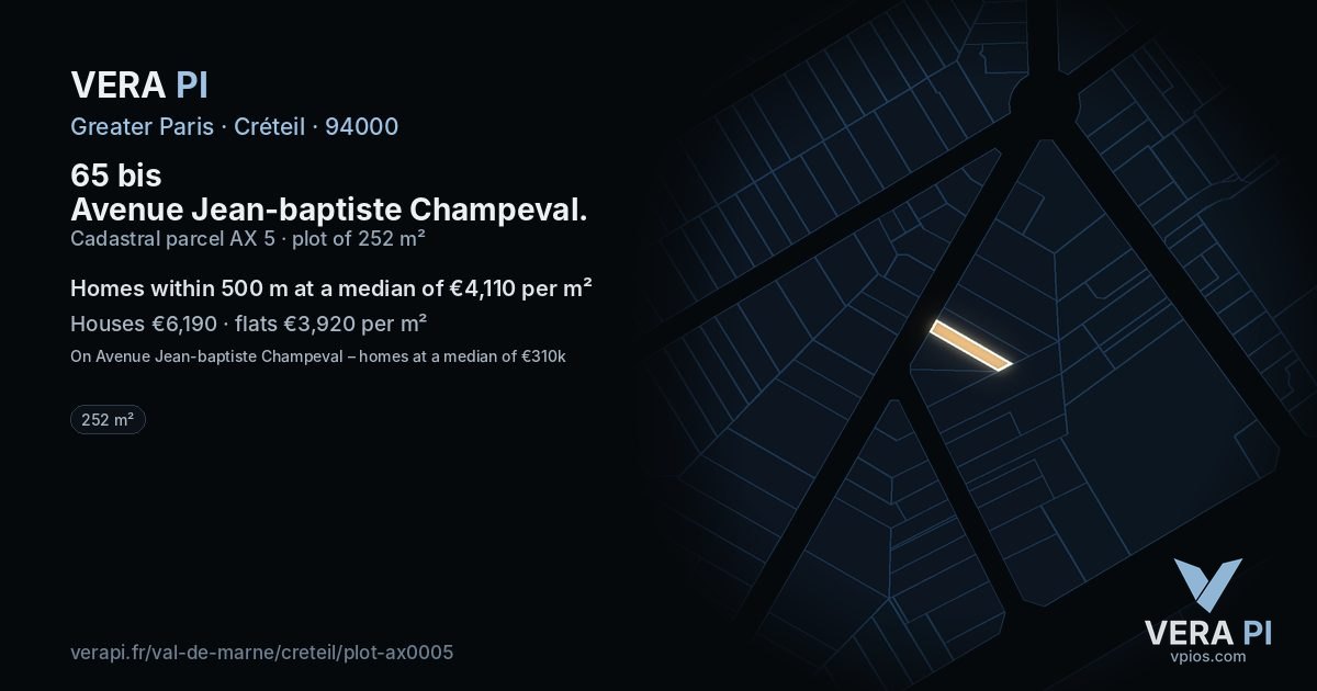 65 bis Avenue Jean-baptiste Champeval, Créteil at night – the plot lit, the parcels around coloured by the prices near them