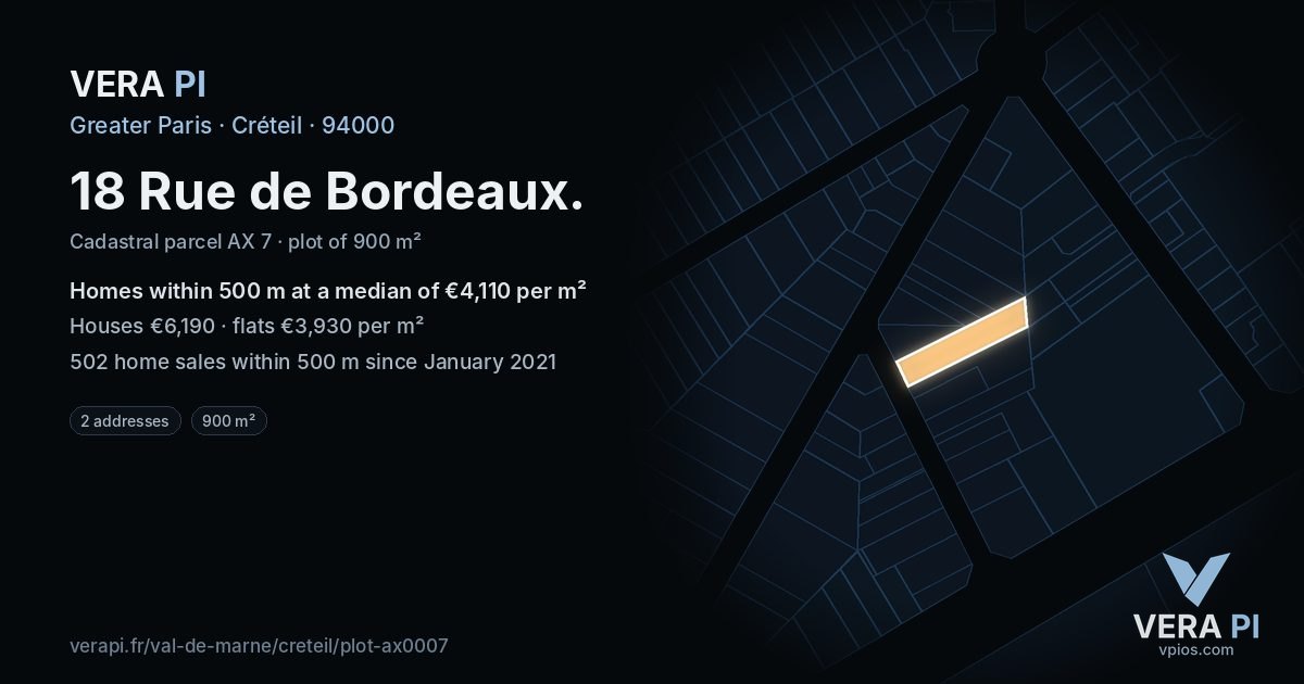 18 Rue de Bordeaux, Créteil at night – the plot lit, the parcels around coloured by the prices near them