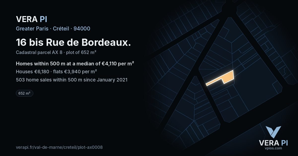 16 bis Rue de Bordeaux, Créteil at night – the plot lit, the parcels around coloured by the prices near them
