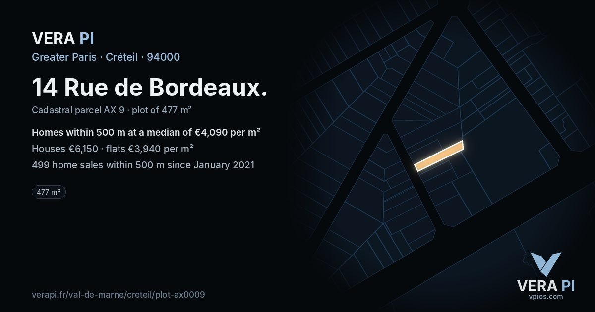 14 Rue de Bordeaux, Créteil at night – the plot lit, the parcels around coloured by the prices near them
