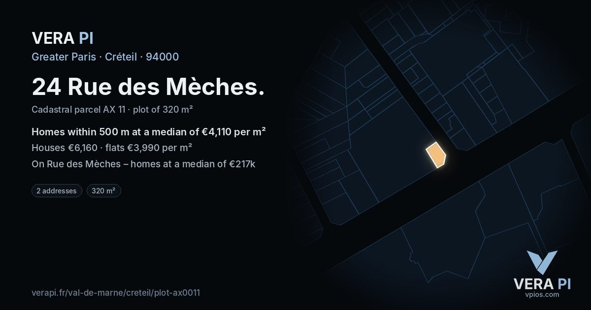 24 Rue des Mèches, Créteil at night – the plot lit, the parcels around coloured by the prices near them