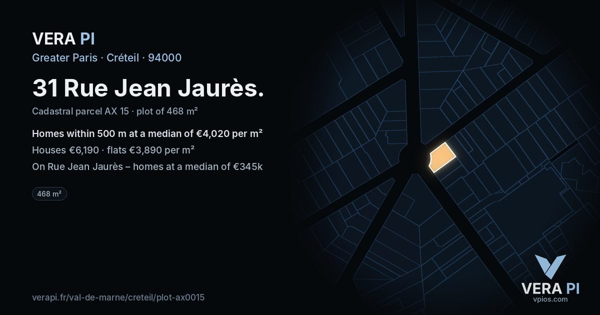 31 Rue Jean Jaurès, Créteil at night – the plot lit, the parcels around coloured by the prices near them