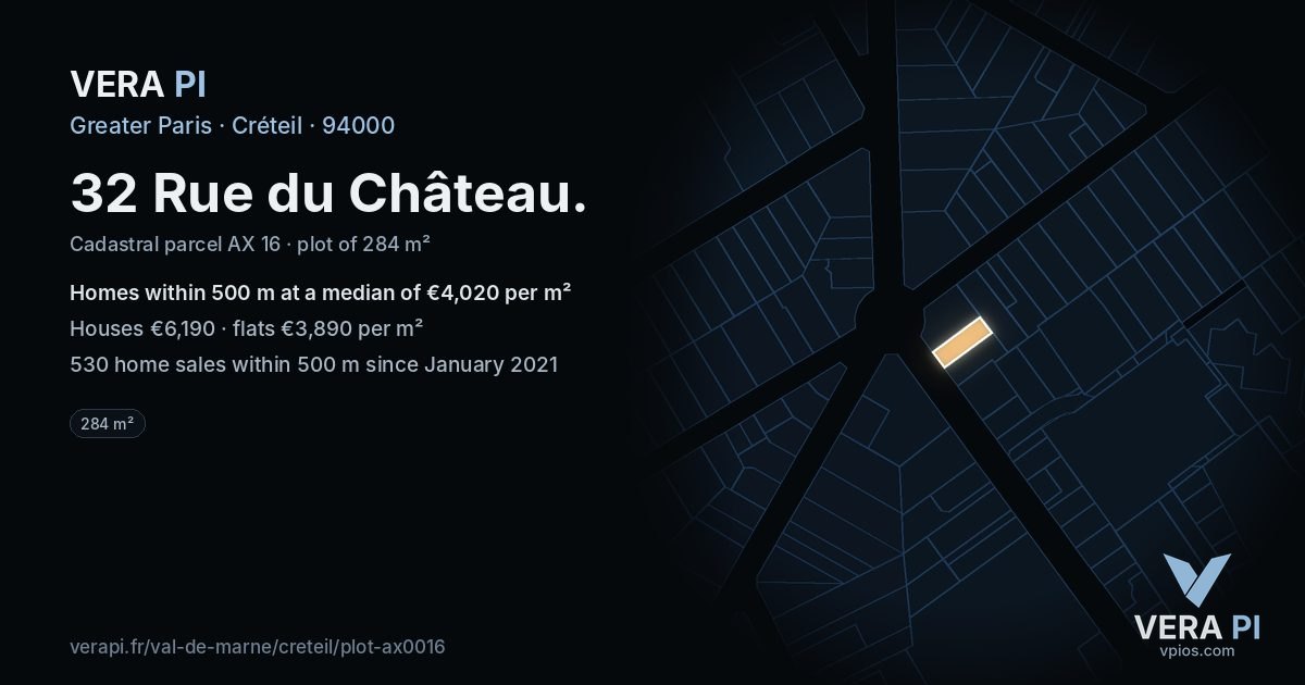 32 Rue du Château, Créteil at night – the plot lit, the parcels around coloured by the prices near them