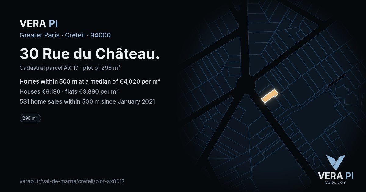 30 Rue du Château, Créteil at night – the plot lit, the parcels around coloured by the prices near them