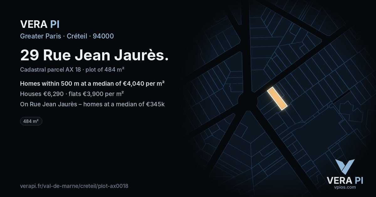 29 Rue Jean Jaurès, Créteil at night – the plot lit, the parcels around coloured by the prices near them