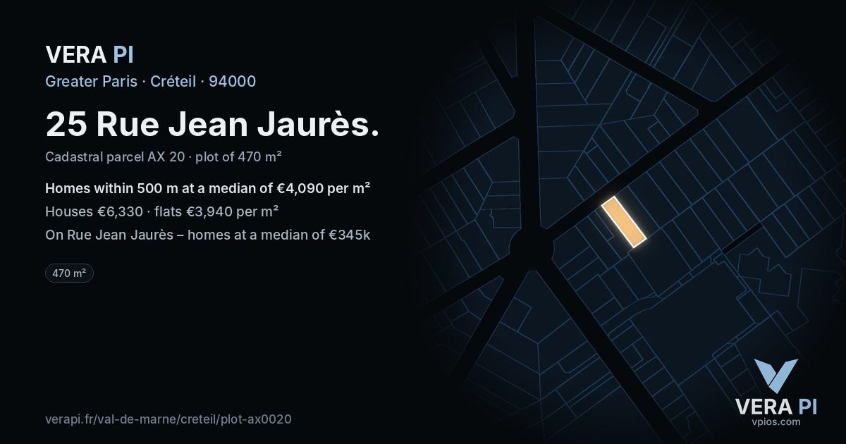 25 Rue Jean Jaurès, Créteil at night – the plot lit, the parcels around coloured by the prices near them