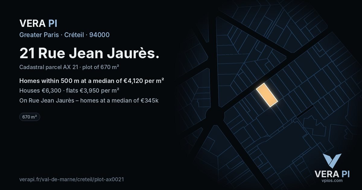 21 Rue Jean Jaurès, Créteil at night – the plot lit, the parcels around coloured by the prices near them